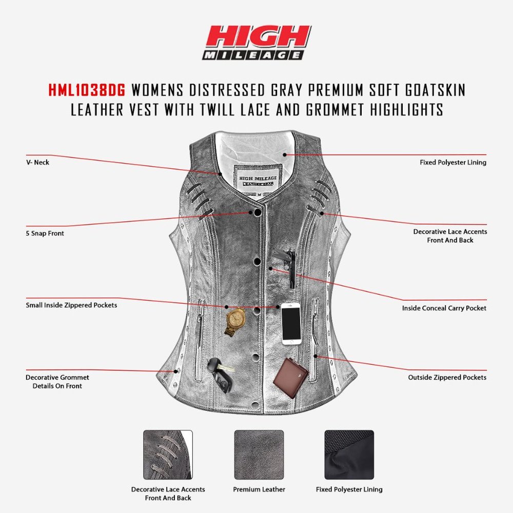 Ladies Lightweight Distressed Gray Leather Vest with Grommeted Twill and Lace - Picture 12 of 12